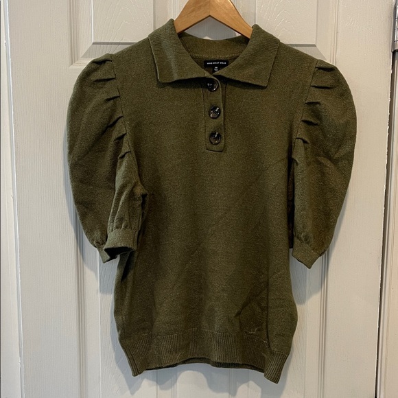 Who What Wear Sweaters - Who What Wear Olive Green Puff Sleeve Polo Sweater